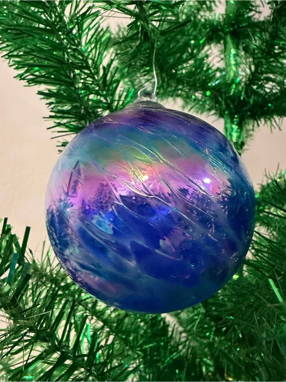 Iridescent Blue Glass Christmas Bauble Ornament Medium Swirl Stripe Hanging
